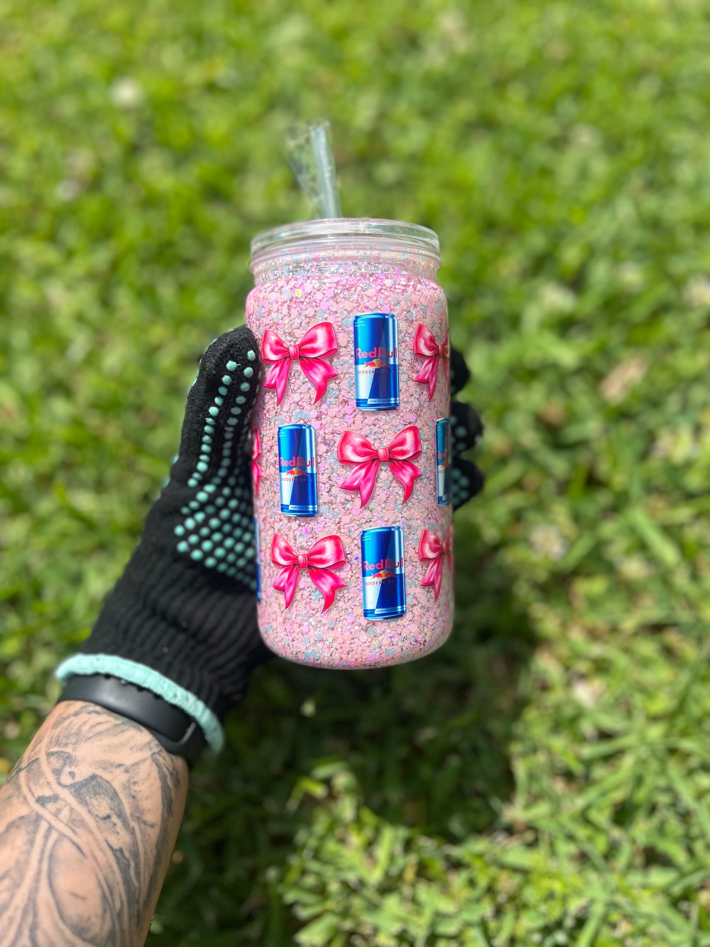Red Bull with pink bows
